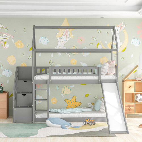 Wood house bunk bed - house, with